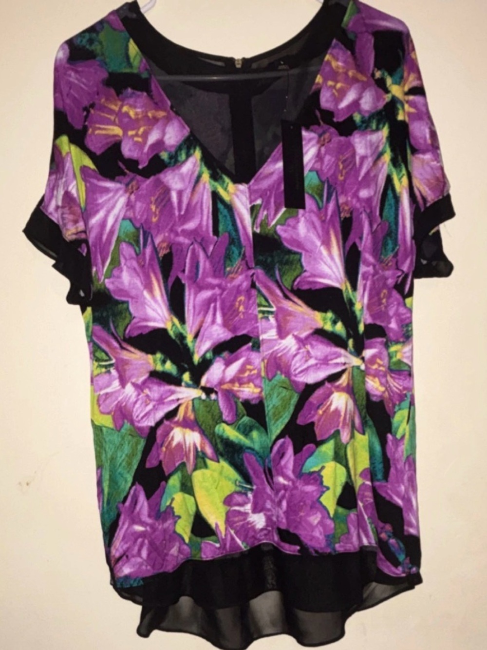 Worthington Purple Floral V-Neck Blouse with Green Accents